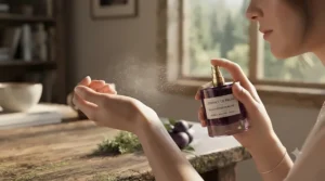 Lifestyle illustration of a person applying long-lasting plum scented perfume to their wrist before heading out.