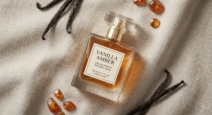 Elegant glass bottle of affordable vanilla amber perfume laid flat on a neutral background, popular among Canadian fragrance lovers.