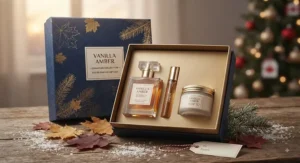 Beautifully packaged affordable vanilla amber perfume gift set ready for holiday gifting across Canada.