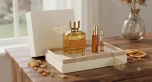 An artisanal powdery amber fragrance gift set featuring a full-size eau de parfum and travel atomizer.
