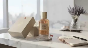 A gift box and an elegant bottle of powdery amber perfume for office wear, highlighting top fragrance choices for working professionals in Canada.
