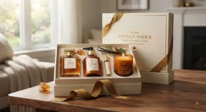 Curated collection of vanilla amber fragrance products wrapped for a special gift