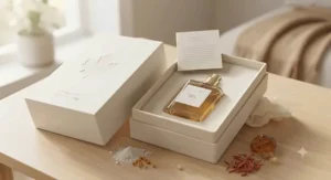 Artistic illustration of raw amber and soft powdery floral notes used in crafting long-lasting amber fragrances.