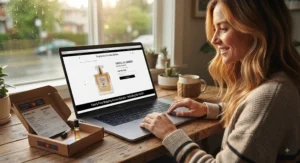 Shopper browsing for affordable vanilla amber perfume online on a laptop, emphasizing easy delivery options across Canada.