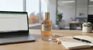 A crisp, clean aesthetic image of a powdery amber perfume for office wear displayed next to a neat planner and laptop.