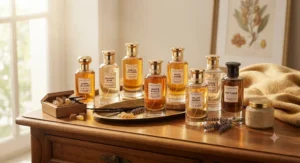 A curated collection of powdery amber perfumes glowing under warm light, highlighting the best fragrance choices for mature skin.