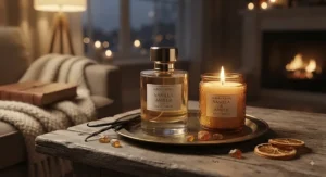 A cozy evening setup featuring a warm candle and a bottle of vanilla amber perfumes for a relaxing ambiance.