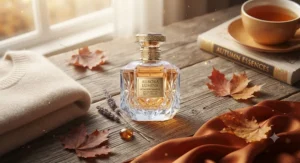 A cozy flat lay featuring a bottle of powdery amber perfume for women alongside cashmere knitwear and autumn leaves.