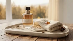 A cozy winter lifestyle flat-lay featuring a soft amber perfume bottle beside a chunky knit sweater, popular across Canada. / Un flacon de soft amber perfume posé à côté d'un chandail en tricot douillet.