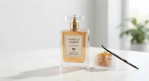 Cruelty-free and vegan affordable vanilla amber perfume bottle sitting on a clean white surface with natural light.