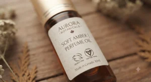 Close-up of the clean label on a soft amber rollerball perfume oil highlighting vegan and cruelty-free certification.