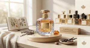 An editorial style display of powdery amber perfume for women curated for a Canadian online fragrance boutique.