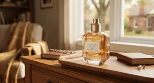 An elegant glass bottle of powdery amber perfume resting on a wooden tray in a warm, sunlit Canadian home setting.