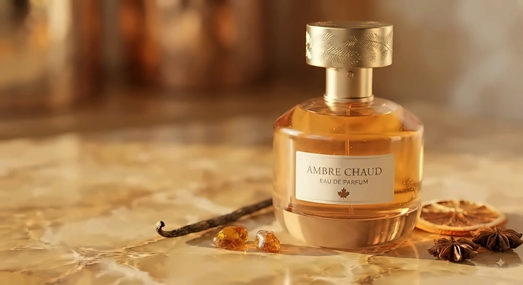 Close-up of a sophisticated soft amber perfume for women, highlighting its golden hue and warm, inviting scent notes.