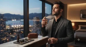 A stylish man getting ready for a night out in downtown Vancouver, spritzing soft amber cologne for men.