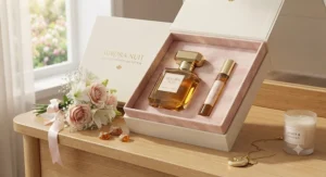 An exclusive powdery amber perfume gift set styled for Mother's Day celebrations in Canada.