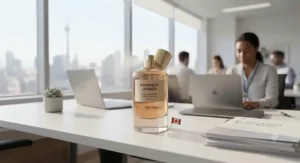An illustration of a light mist representing a subtle powdery amber perfume for office wear suitable for shared open-concept workspaces.