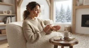 A person using their vanilla amber solid perfume balm while relaxing in a cozy, modern Canadian home setting.