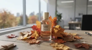 A perfume bottle surrounded by autumn leaves, highlighting a long-lasting powdery amber perfume for office wear during crisp Canadian seasons.