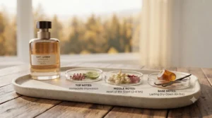 Infographic chart showing the all-day longevity and skin progression of soft amber perfume for daily wear.