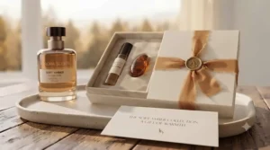 Elegantly wrapped gift box containing a bottle of soft amber perfume, perfect for holiday gifting in Canada.