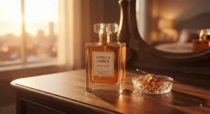 Premium-looking yet affordable vanilla amber perfume bottle reflecting warm golden hour light on a wooden vanity.