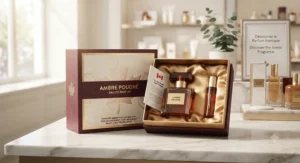 Premium gift packaging of powdery amber perfume for mature skin, displayed against a neutral background ideal for Canadian shoppers.