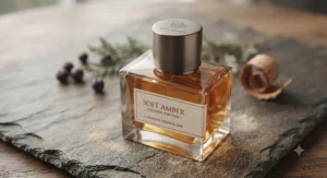 Close-up of the premium glass bottle and metallic cap of soft amber cologne for men on a slate surface.