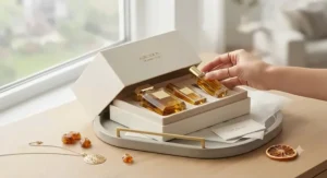 Unboxing a premium powdery amber perfume gift set on a minimalist vanity tray, popular across Canadian boutiques.