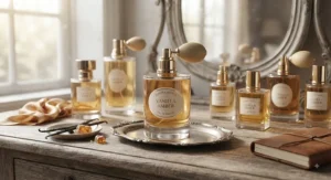 An elegant perfume bottle showcased on a rustic wooden vanity as part of a collection of vanilla amber perfumes.
