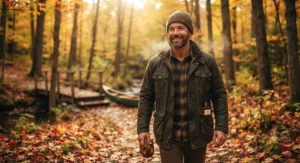 A smiling Canadian man wearing soft amber cologne for men during an autumn walk through a vibrant maple forest.