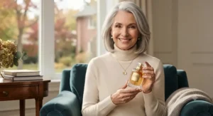 A smiling mature female model holding a powdery amber perfume bottle, reflecting classic Canadian elegance and grace.