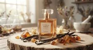 Affordable vanilla amber perfume flacon styled with raw vanilla pods and amber resin to showcase its warm, rich notes.