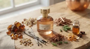 Artisanal display of botanical ingredients used in a premium soft amber perfume for women.