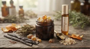 Botanical ingredients and natural resins used to craft clean, Canadian-made soft amber rollerball perfume oil.