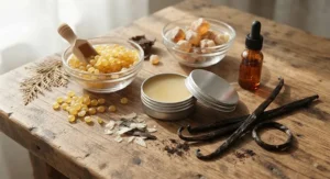 Natural ingredients used in our hand-poured vanilla amber solid perfume balm displayed on a wooden surface.