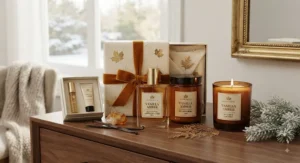 Display of popular vanilla amber fragrance gift ideas for her on a Canadian vanity