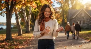 A lifestyle illustration of a woman wearing powdery amber perfume for women during a crisp Canadian autumn day.