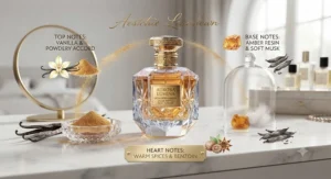 An aesthetic illustration breaking down the warm notes of powdery amber perfume for women, including vanilla and soft musk.