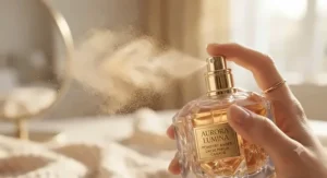 A close-up illustration of powdery amber perfume for women capturing a delicate fragrance mist spray.