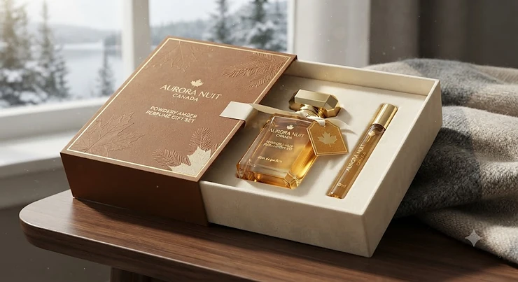 A luxury powdery amber perfume gift set packaged in an elegant box, ideal for Canadian holiday gifting.