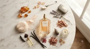 A botanical flat lay featuring powdery amber perfume ingredients like warm vanilla and soft musk, tailored for sophisticated tastes.