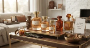 An exquisite collection of soft amber perfumes for women, showcased in a modern boutique setting.