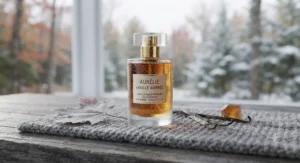 A bottle of vanilla amber perfume for women, a comforting fragrance essential for the Canadian seasonal transition.