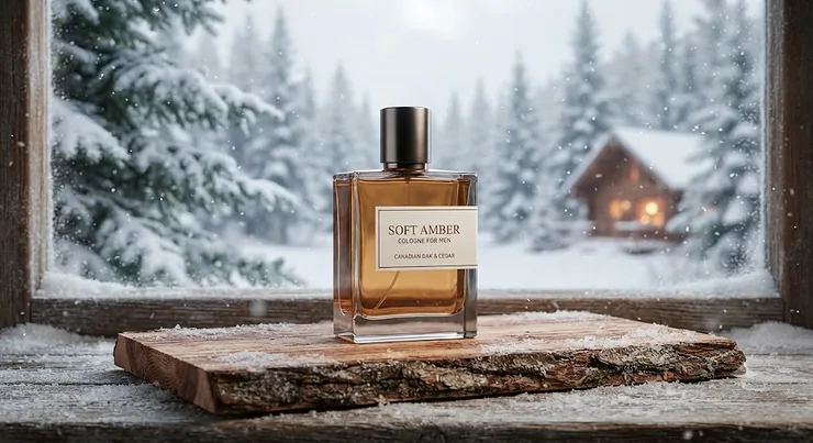A sleek bottle of soft amber cologne for men resting on natural cedarwood against a cozy Canadian winter backdrop.