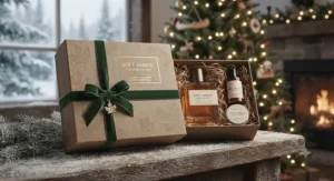 An elegant gift set featuring soft amber cologne for men wrapped in sustainable packaging for the Canadian holiday season.