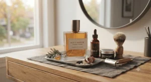 Soft amber cologne for men displayed neatly on a minimalist wooden vanity alongside other grooming essentials.