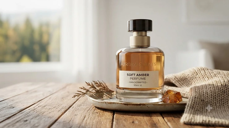 A luxury bottle of soft amber perfume on a minimalist stone tray, capturing a warm, cozy scent ideal for Canadian autumn and winter days. / Une bouteille luxueuse de soft amber perfume sur un plateau minimaliste, évoquant un parfum chaleureux.