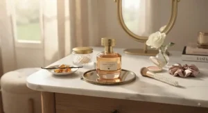 A stylish glass bottle of soft amber perfume for women resting on a marble vanity with soft morning light.