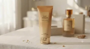 The rich body lotion included alongside the fragrance in the soft amber perfume gift set.
